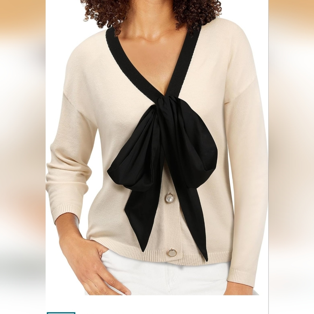 Cream‎ Knit Cardigan with Black Bow Accent Button Detail Lightweight Knit